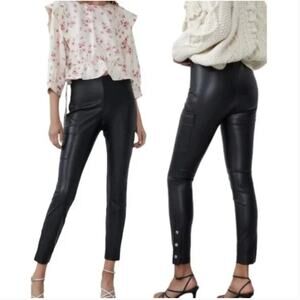 Zara High Rise Faux Leather Pants with Cargo Pockets and Snap Ankles Black Small